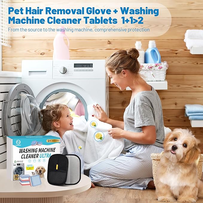 Nunemosk 2-in-1 Pet Hair Removal Kit, Washing Machine Cleaner Tablets & Reusable Pet Hair Removal Glove for Cats and Dogs, Remove Stubborn Pet Hair | Complete Solution for Pet Owners