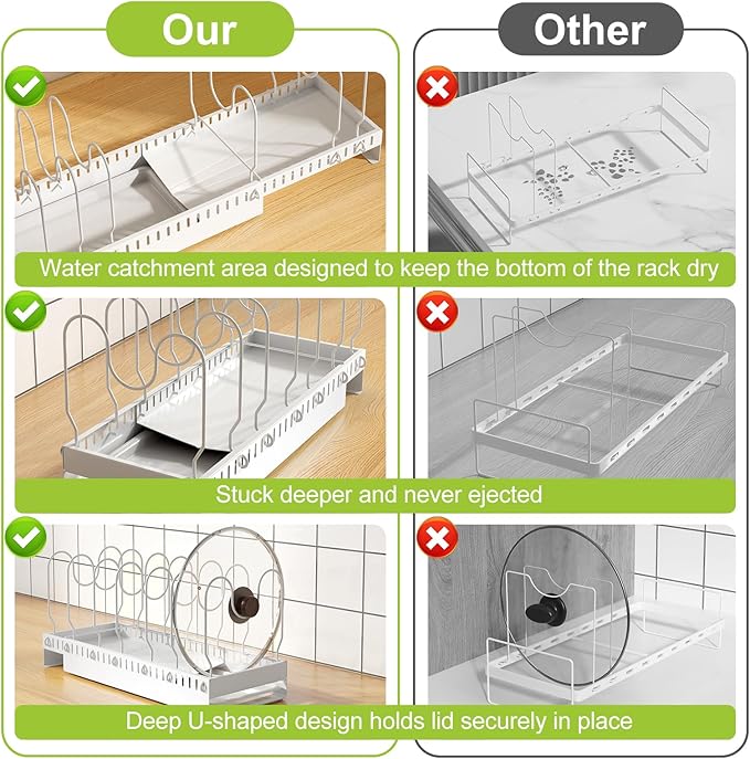 Pots and Pans Organizer Under Cabinet with Drain Board, Expandable Pot Lid Organizer inside Cabinet Holder with 10 Adjustable Compartment, Rack for Cutting Board, Sheet Pan, Cookware, White