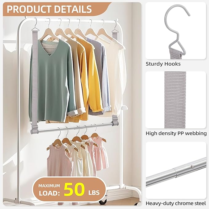 STORAGE MANIAC Hanging Closet Rod, Adjustable Width and Height Closet Hanging Organizer, Space-Saving Clothes Hanging Bar, Closet Extender Hanging Rod Double Closet Hanging Rod, 2 Pack Webbing