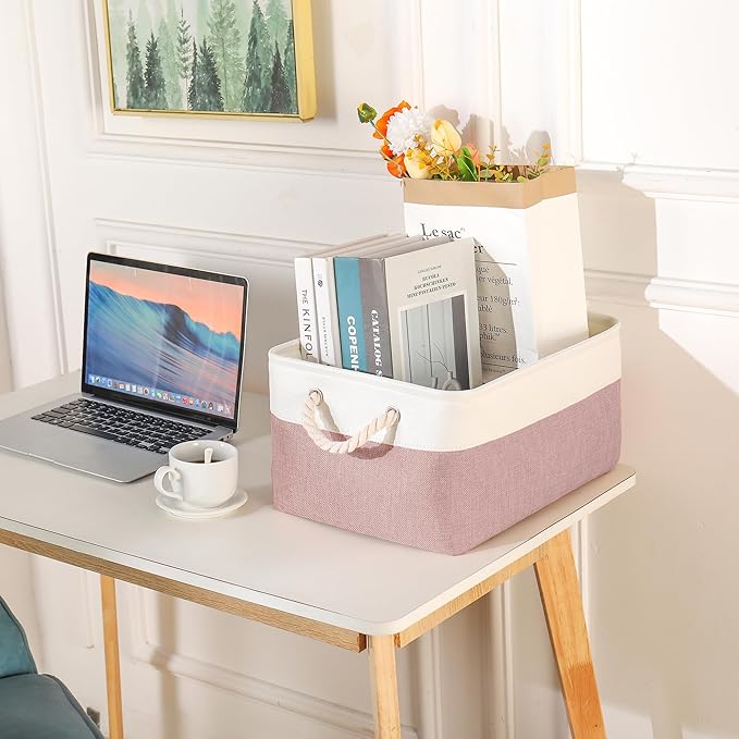 Storage Bins with Sturdy Cotton Handles(3 Pack), Fabric Storage Baskets for Organizing use for Office & Home, Book, Clothes, Toys, Closet Boxes(Medium, Pink-White, 14.2x10.2x7.1 inches)