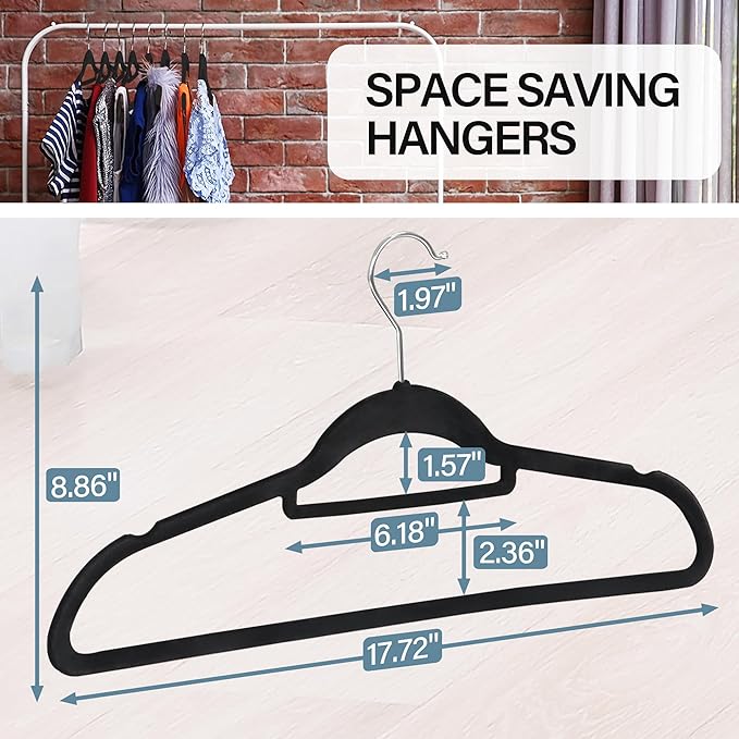 JupiterForce Velvet Hangers, 100 Pack Non-Slip Slim Clothes Hangers with 360 Degree Swivel Hook, Space Saving Velvet Coat Hangers for Closet Organization, Black