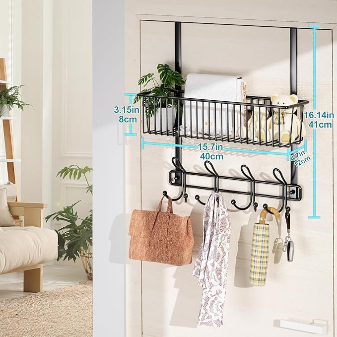 Kaiferty Over The Door Hooks Organizer,Door Hanger Door Storage with Basket,Over The Door Towel Rack Coat Hooks with 12 Hooks,for Bathroom,Bedroom,Kitchen,Office,Apartment(Black)