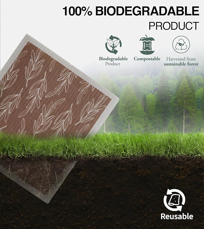 10 PCS Leaf Print Swedish Dishcloths for Kitchen 100% Biodegradable Reusable Cellulose Sponge Cloths Ultra Absorbent, Eco-Friendly Cleaning Towels Dishcloths for Washing Dishes & General Cleaning