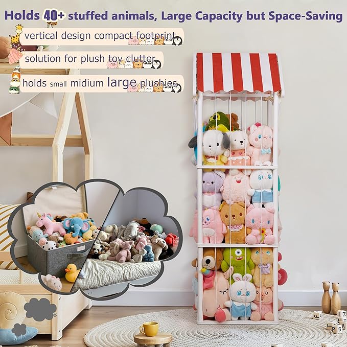Stuffed Animal Storage, Space Saving Vertical Stuffed Animal Holder Wood, Easy Assembly Cottage-Style Plush Toys Organizer for Kids Bedroom & Playroom (White, Large)
