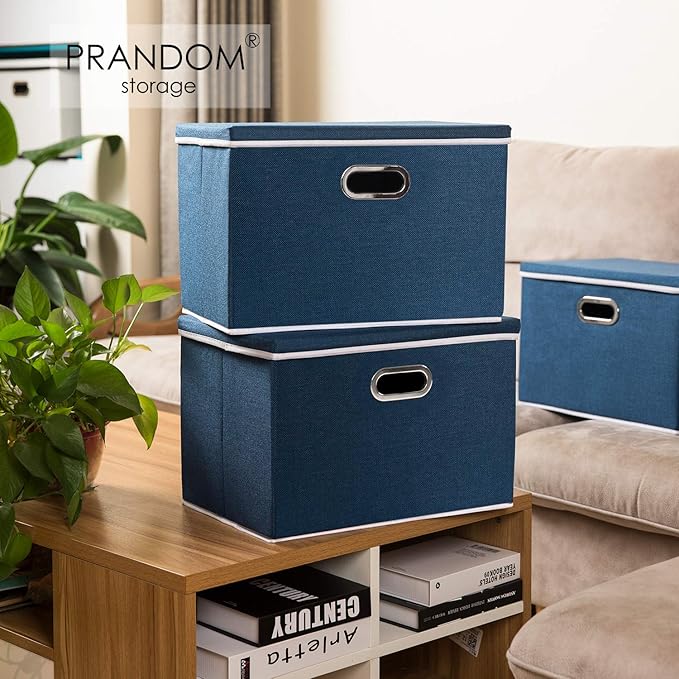 PRANDOM Large Collapsible Storage Bins with Lids [5-Pack] Fabric Foldable Storage Boxes Organizer Containers Baskets Cube with Cover for Home Bedroom Closet Office Royal Blue(17.7x11.8x11.8)