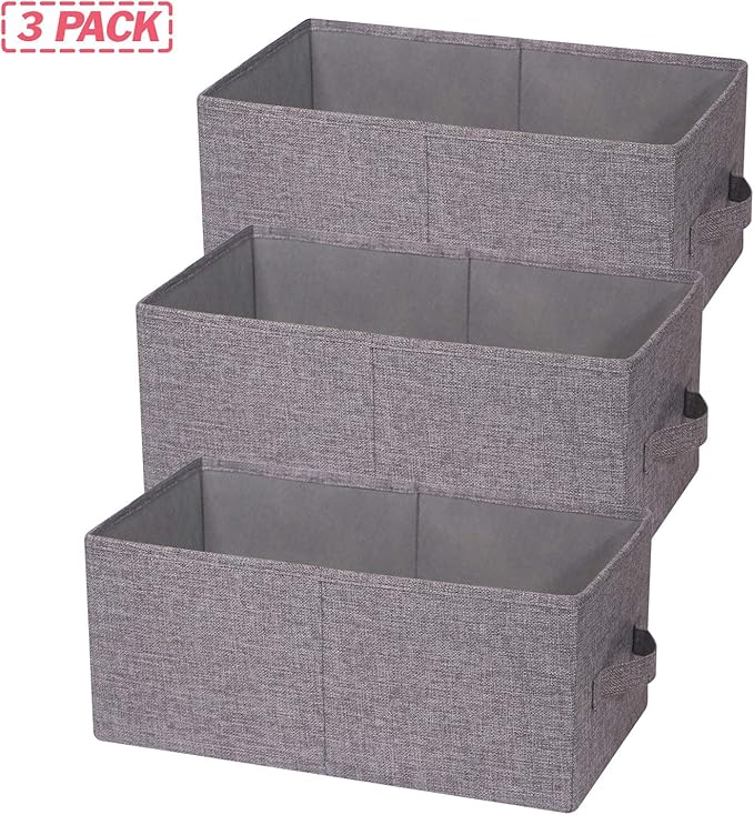 Set of 3 Closet Organizer Bins with Handle, Fabric Foldable Storage Baskets Cloth Box Containers for Shelves Home Office Clothes Clothing Large