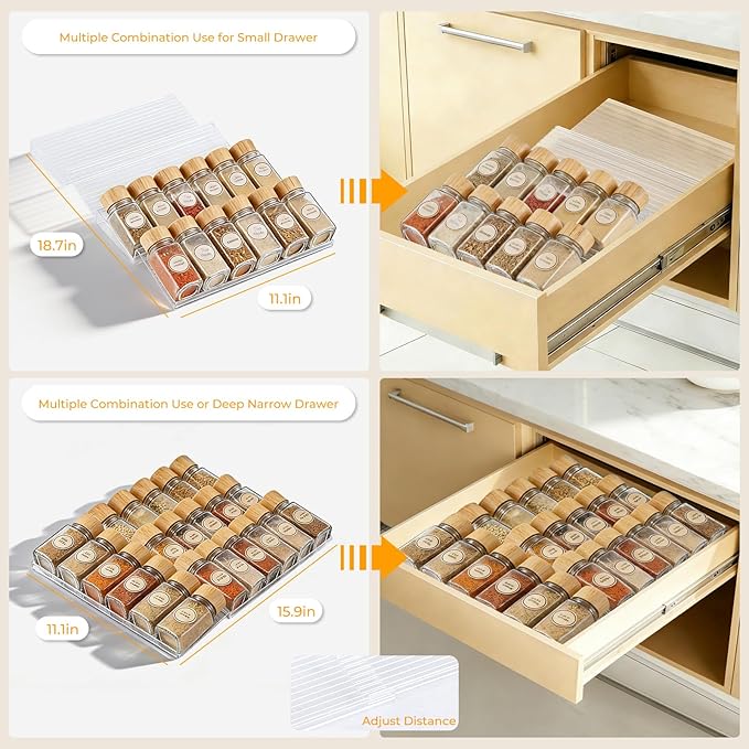 Acrylic Spice Drawer Organizer 4 Tier(4 Packs), Expandable from 11" to 22" Seasoning Organizer Tray for Kitchen - Clear Tiered Spice Rack for Drawer, No Assembly Required(Jars Not Included)