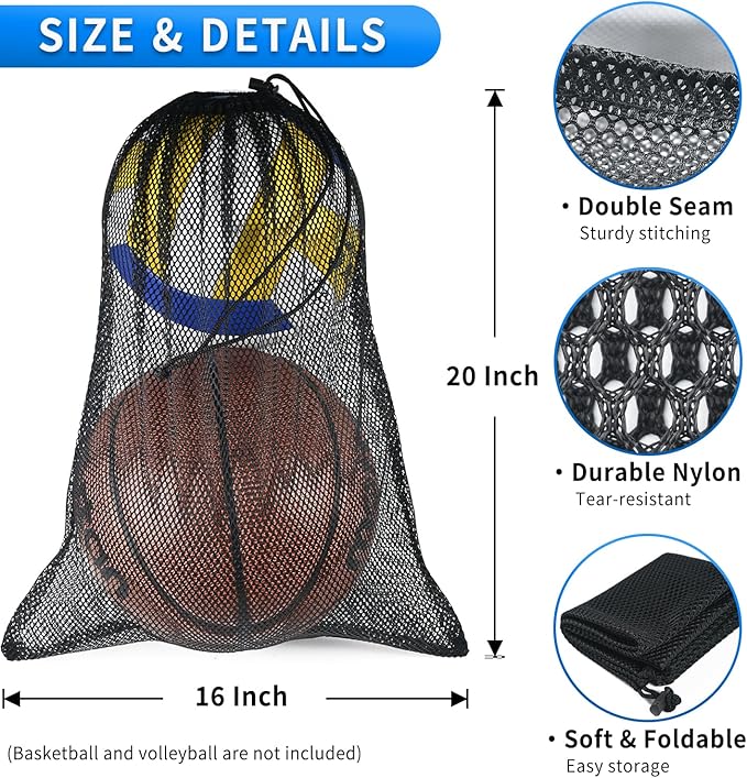 10 Pcs Mesh Drawstring Bag 16" x 20" with Cord Lock Closure, Durable Heavy Duty Nylon Mesh Bag for Travel Gym Laundry Swimming Soccer Ball Basketball Beach Toys Etc (Black)