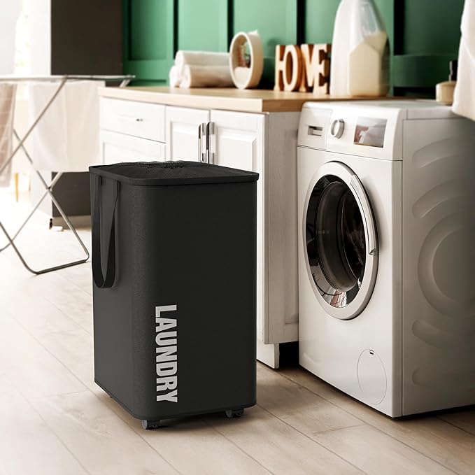 Simple Houseware Large 82L Laundry Basket with Wheels, Collapsible Waterproof Hamper with Handles and Mesh Cover, Black