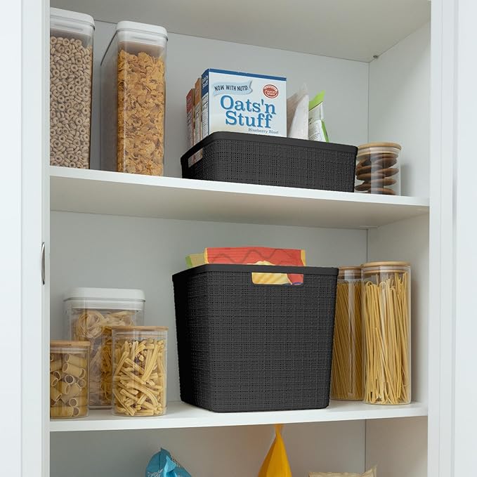 Curver Set of 4 Large Cube 17L Jute Decorative Plastic Organization and Storage Baskets - Perfect Bins for Home Office, Closet Shelves, Kitchen Pantry and All Bedroom Essentials, Black