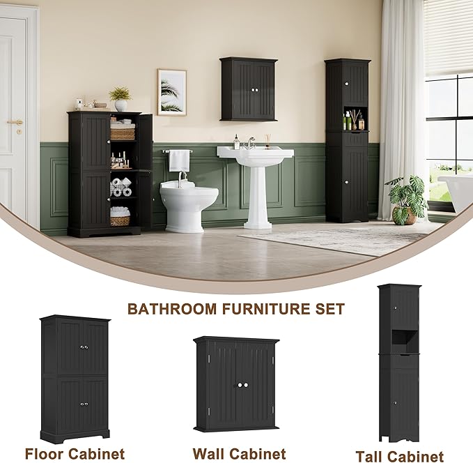 ChooChoo Bathroom Floor Cabinet, Modern Bathroom Storage Cabinet with 4 Doors and Adjustable Shelves, Freestanding Cupboard for Living Room, Kitchen Pantry, Black