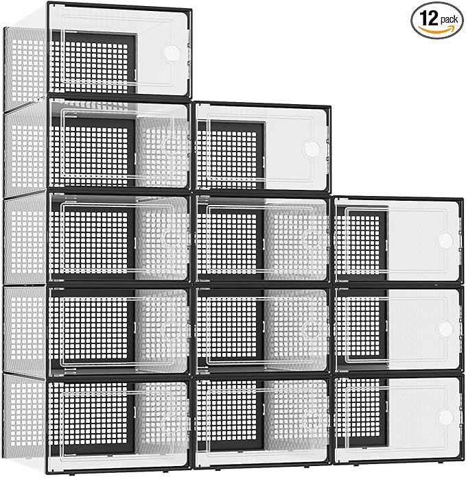 Kuject XX-Large Shoe Storage Boxes Organizers Clear Plastic Stackable 12 Pack, Shoe Rack & Holder Substitute, Sneaker Containers, Shoe Storage Organizer Bins for Closet, Under Bed, Black(No Fold Line)