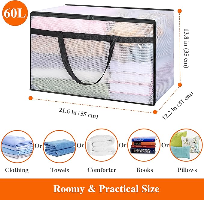 Vieshful 3 Pack 60L Clear Clothes Storage Bags with Zipper and Handles, Large Plastic Organizers for Comforter Clothes Bedding Blankets Duvets Pillow Toys & Moving