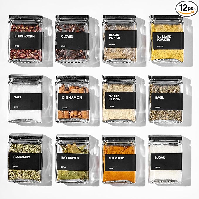 Glass Spice Jars with Bamboo Lid, 4oz Square Spice Containers for Pantry Organization, Seasoning Bottles with Labels, Spoons, Funnel for Salt Sugar