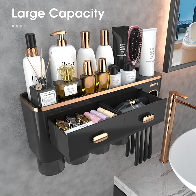 iHave Toothbrush Holders Wall Mounted with Toothpaste Dispenser & 4 Cups - Luxury Black and Gold Design for Bathroom Decor, All-in-One Bathroom Organizers & Storage for Toothbrushes and Accessories