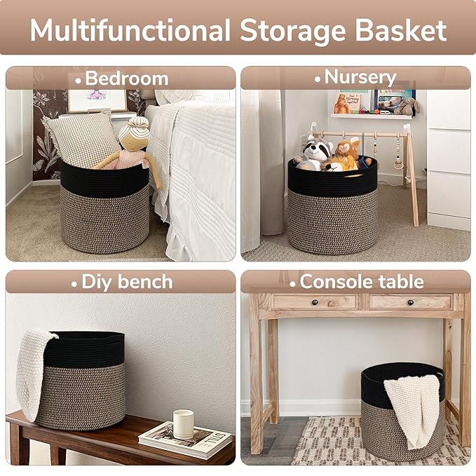 Goodpick Woven Rope Storage Basket, Blanket Basket for Towel, Shoe, Clothes, Large Toy Storage for Playroom, Living Room, Nursery, Toy Bin, Black