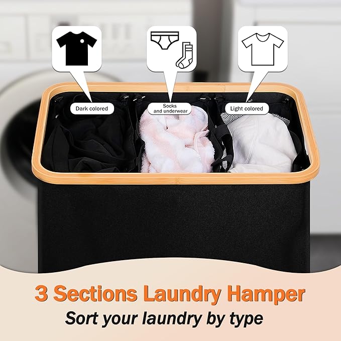 efluky Laundry Hamper with Lid, Trio Laundry Hamper with 3 Removable Bags, 3 Section Laundry Basket with Bamboo Handles for Bathroom, Bedroom & Laundry Room, 160L Black