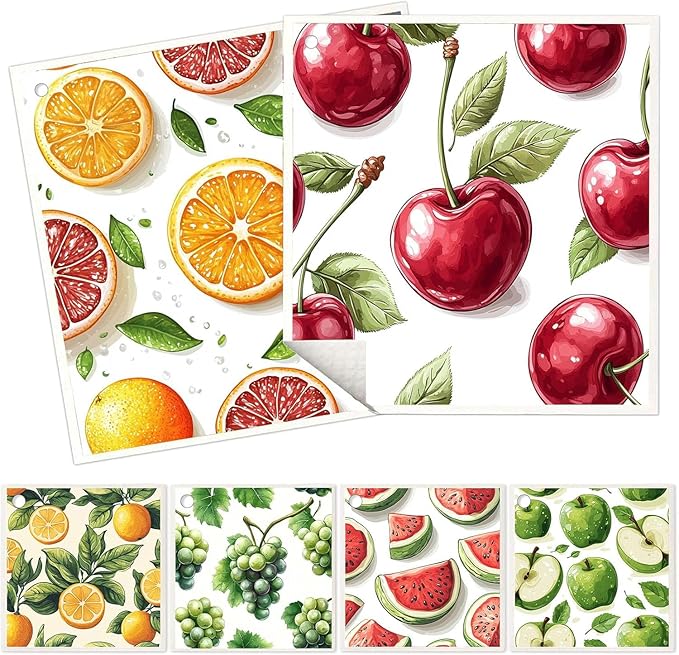 6 Pack Swedish Dishcloths for Kitchen - Reusable Dish Paper Towels Cloths Washable,Absorbent Cellulose Cleaning Sponge Cloth Wipes Quick Dry, Decorative Tea Towels,No Odor Biodegradable(Fruit)