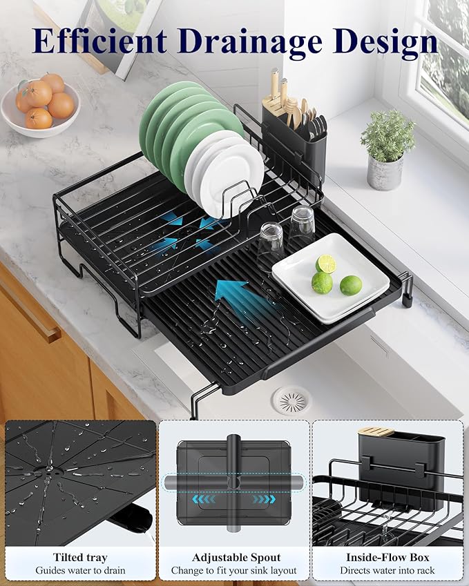 Kitsure Extendable Dish Drying Rack - Adjustable Length 12.8"–21.0", Auto-Draining Dish Rack for Kitchen Counter, Rust-Resistant Metal Frame Over-Sink Support for Plates, Bowls & Utensils, Black