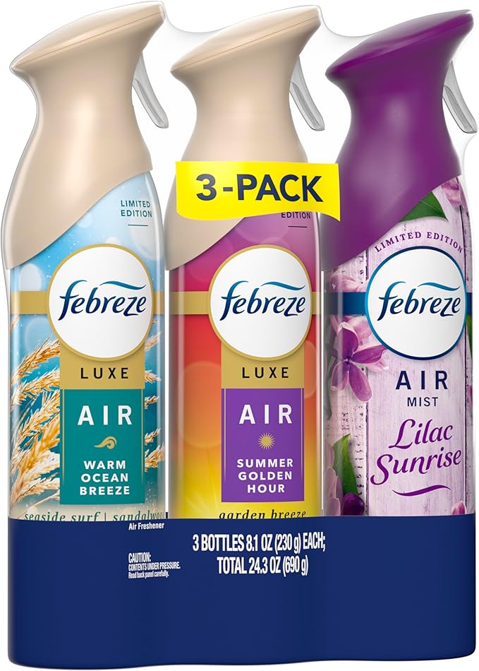 Febreze Air Mist, Air Freshener, Odor Fighting Room Spray, Deodorizer for Home Bathroom Kitchen Office Apartment, Lilac Sunrise, Warm Ocean Breeze, Summer Golden Hour Variety Pack, 8.1oz (Pack of 3)