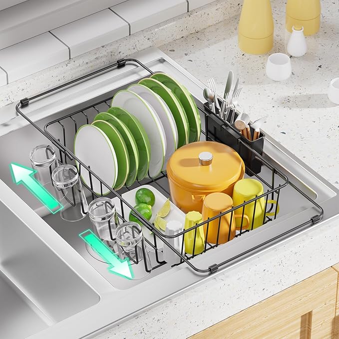 Simple Trending Expandable Dish Drying Rack in Sink, Adjustable Dish Drainers for Kitchen Counter, Inside Sink, Over The Sink with Utensil Holder, Black