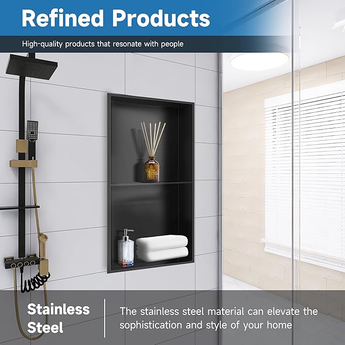 BATHFINESSE 9" x 25" Black Modern Wall Mount Shower Niche with Double Recessed Shelves, No Tile Needed