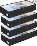 4 Pack 100L Under Bed Storage Containers, Low Profile Closet Organizers and Storage Bins for Dorm, Foldable Underbed Bag for Clothes, Blanket, Sheet, Wrapping Paper, Clear Window & Dual Zippers, Black