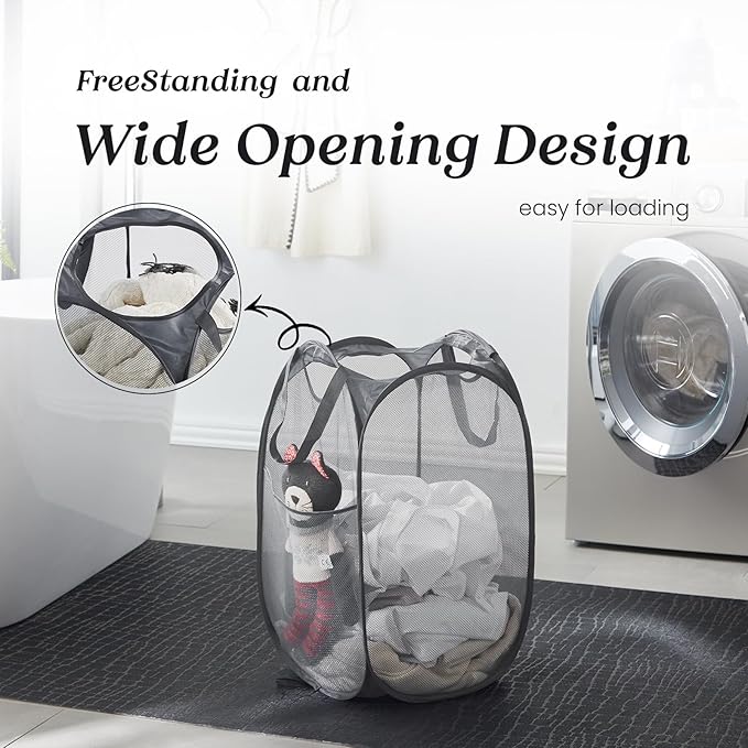 TECHMILLY Collapsible Mesh Pop Up Laundry Hamper with Sturdy Handles and Side Pocket - Portable Foldable Clothes Baskets for Dorm, Bathroom & Travel Storage (Grey)