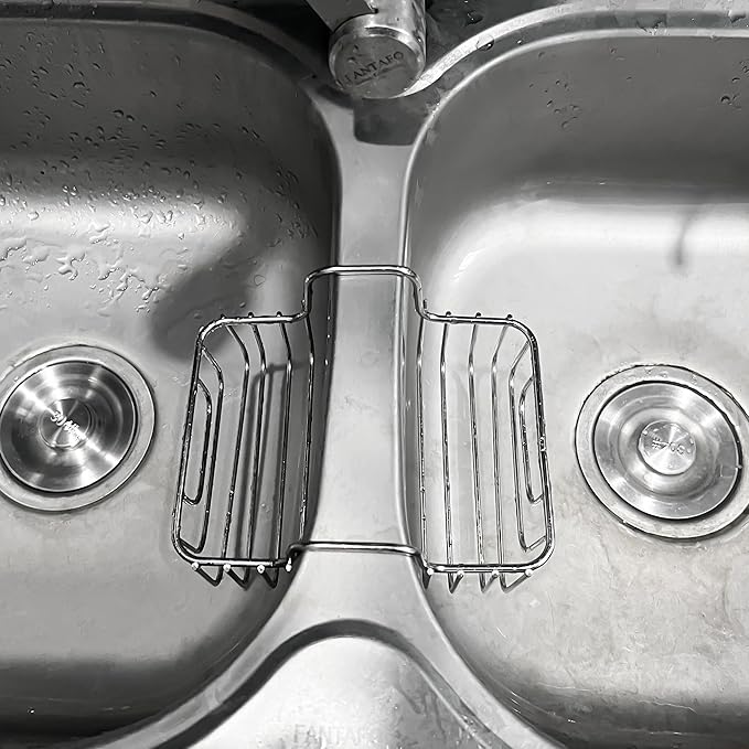 Stainless Steel Sponge Holder for Kitchen Sink - Never Rust Hanging Saddle Double for Soap Kitchen Sink Caddy 2.2 inch, Rustproof Organizer for Dishwashing and Brush Drying