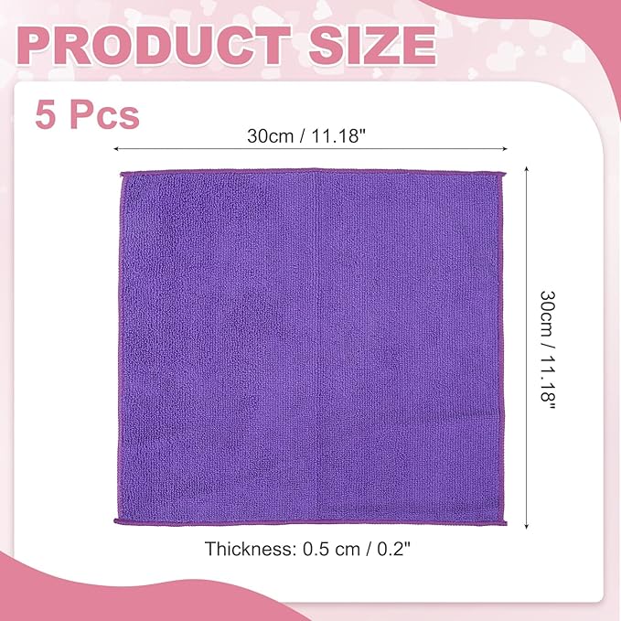 uxcell 5 Pcs Microfiber Cleaning Cloth, Kitchen Towels Reusable Microfiber Towels Highly Absorbent for Household Cleaning Supplies, Kitchen, Bathroom, Purple(Square), 11.8" X11.8