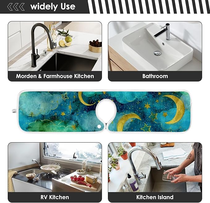 Sink Faucet Absorbing Mat Kitchen Sink Splash Guard Splash Faucet Drip Catcher for Bar RV Bathroom 2PCS 23.6x5.5in Watercolor Moon Star Green