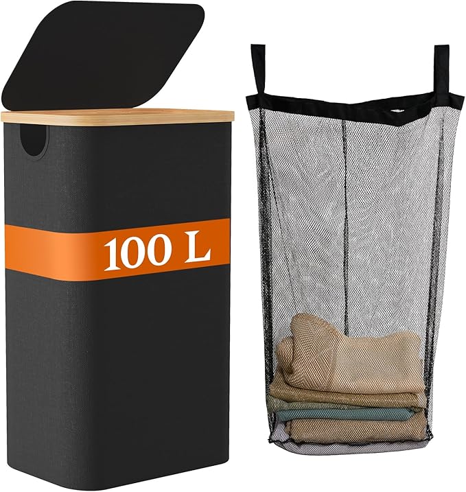Laundry Baskest with Lid, 100L Large Tall Laundry Hamper with Removable Bag, Collapsible Laundry Hamper for Bedroom, Bathroom, Dorm, Laundry Room, Black