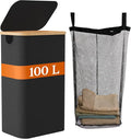 Laundry Baskest with Lid, 100L Large Tall Laundry Hamper with Removable Bag, Collapsible Laundry Hamper for Bedroom, Bathroom, Dorm, Laundry Room, Black