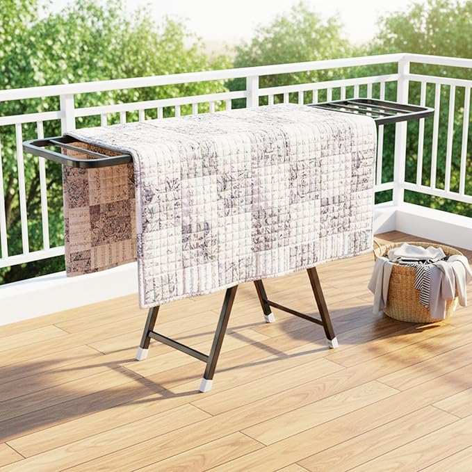 MIKEE Clothes Drying Rack,Foldable Laundry Drying Rack for Indoor & Outdoor Use，with Height-Adjustable Wings，2-Tier Clothes Rack with Windproof Hanging Holes and Wheels，132 lb