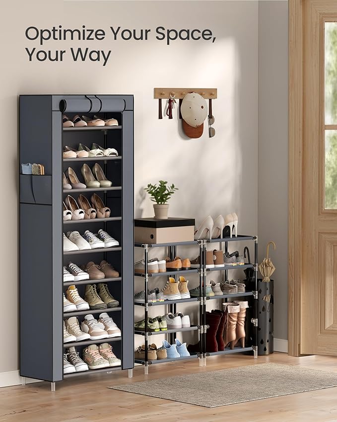 SONGMICS 10-Tier Shoe Rack, Shoe Storage Cabinet with Dustproof Cover, Free-Standing Storage Organizer for Closet, Entryway, Hold 20 Pairs of Shoes, for Sneakers, High Heels, Gray URXJ034GN02