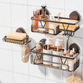 KEGII Suction Cup Shower Caddy – 3 Pack Suction Cup Shelf with Soap Holder & Hooks, Rustproof Stainless Steel Shower Organizer, Removable No Drilling Bathroom Storage Rack, Bronze