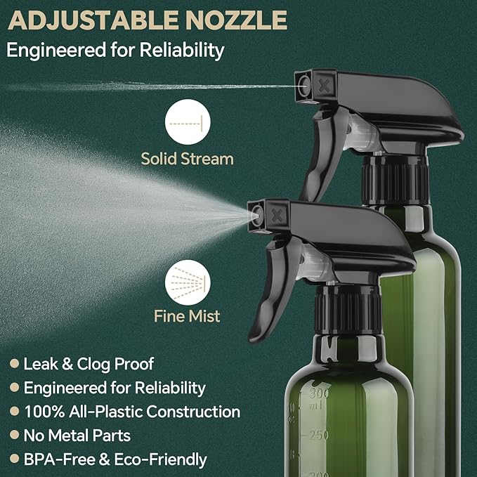 Plastic Spray Bottles (2 Pack 10 oz), Leakproof Adjustable Fine Mist & Jet Stream Nozzle, Premium BPA-Free Plastic Multi-Purpose for Hair, Plants, Cleaning (2 PACK GREEN)