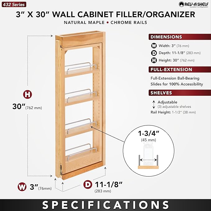 Rev-A-Shelf 3"W x 30"H Pullout Shelf Organizer for Between Wall Kitchen Cabinets, Filler Spice Rack & Seasoning Storage Holder, Maple Wood, 432-WF-3C
