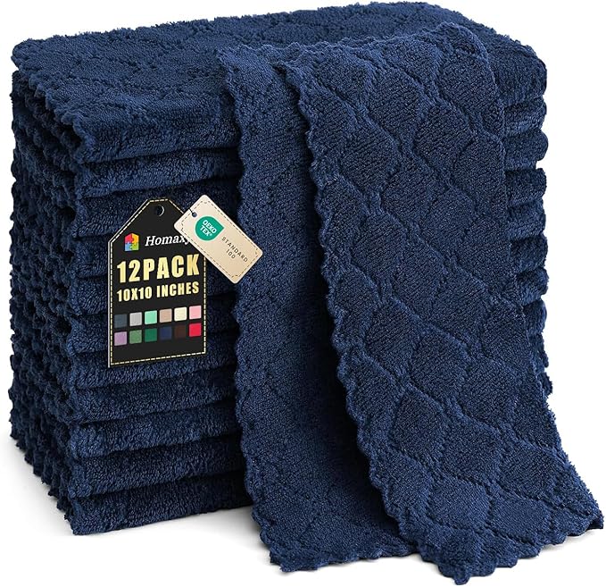 Homaxy 12 Pack Kitchen Dish Cloths (10 x 10 Inches, Navy Blue), Super Soft and Absorbent Coral Velvet Dish Towels, Nonstick Oil Fast Drying Microfiber Cleaning Cloth, No Lint Household Dishcloths