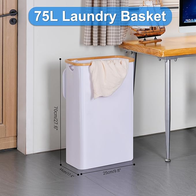 efluky Slim Laundry Basket with Lid, Narrow Laundry Hamper with Removable Bag, Skinny Dirty Clothes Basket with Bamboo Handles for Bathroom, Bedroom & Laundry Room, 75L White