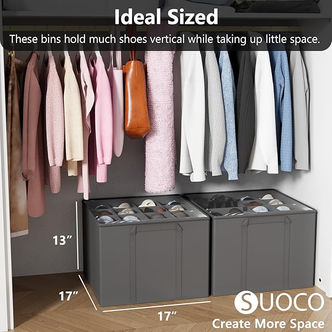 SUOCO 2 Pack Shoe Organizer for Closet, Fits up to 32 Pairs, Small Space Shoe Storage Boxes Bins Containers w/Adjustable Dividers and Clear Top, Grey