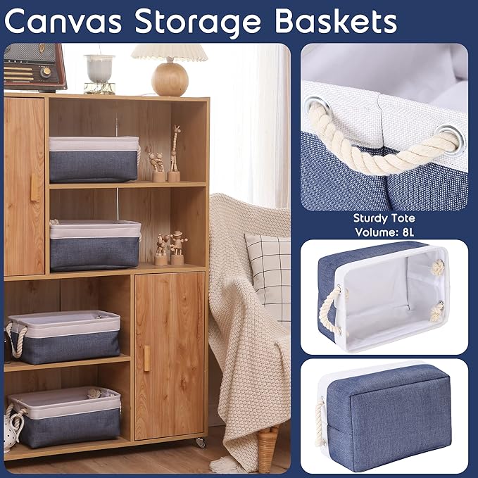 Sea Team 3-Pack Small Storage Basket Set, Storage Cube Organizer, Storage Bins, 12 x 8 x 5 Inches, Rectangle Canvas Fabric Collapsible Shelf Box with Handles for Kids Room (Denim/White)