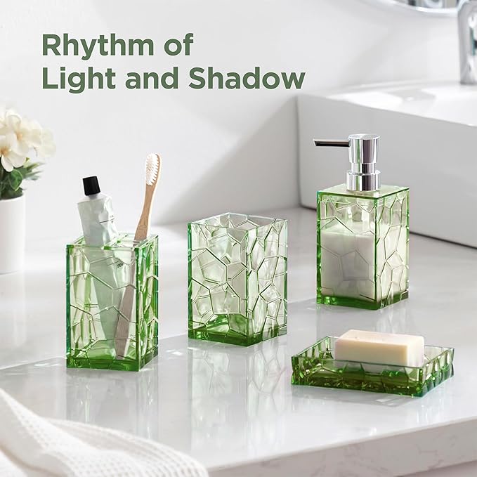 HBlife Bathroom Accessories Set, Sage Green Acrylic Bathroom Counter Set with Toothbrush Holder, Soap Dispenser, Tumbler, Soap Dish, Boho Modern Bathroom Accessories Decor, Ideal Gift Choice