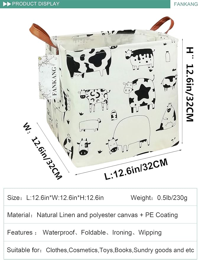 FANKANG Square Nursery Hamper Storage Bins Canvas Laundry Basket Foldable with Waterproof PE Coating Storage Baskets Gift Baskets for Children, Office, Bedroom, Clothes（Square-Cows ）