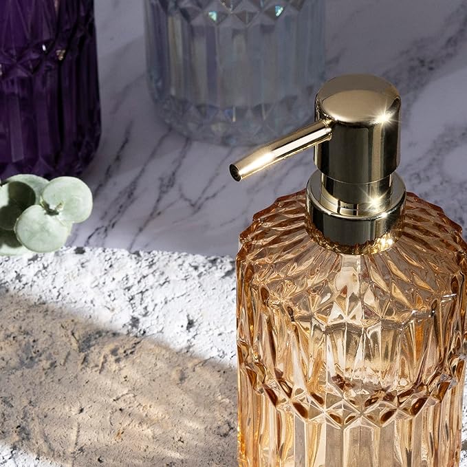 Diamond Design 12 Oz Green Glass Soap Dispenser,Refillable Lotion Soap Dispenser for Bathroom, Kitchen, Hand Soap, Dish Soap,Shampoo, Ideal for Bathroom Countertop. (Clear Gold)