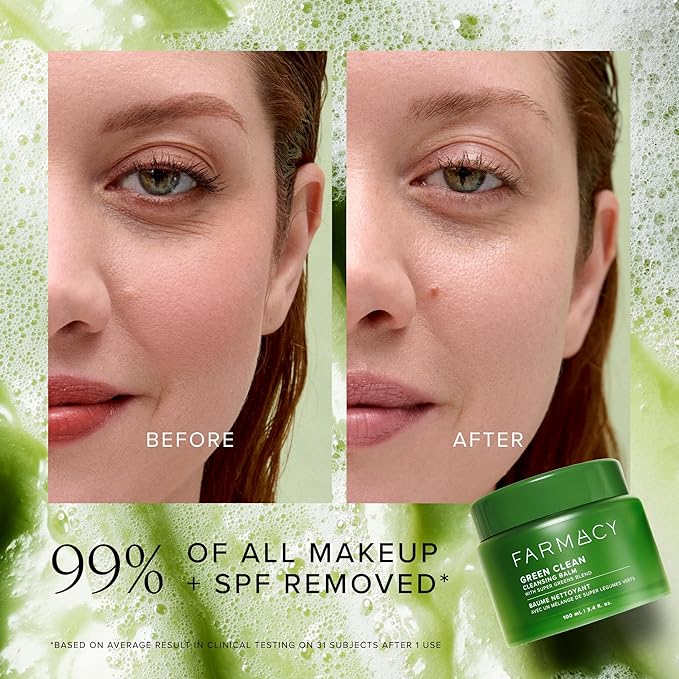 Farmacy Makeup Remover Cleansing Balm - Green Clean Waterproof Makeup Remover Balm + Oil Cleanser for Face - Gently Melts Make Up + SPF - Hydrates + Softens Skin with Super Greens + Papaya (30ml)