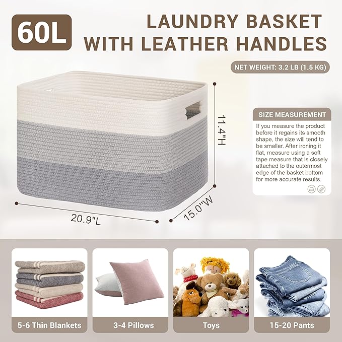 60L Laundry Basket with Leather Handles for Living Room Storage, Woven Rope Baskets Bin for Blanket, Kids Toy, Gifts, Wicker Hamper for Bedroom Dirty Clothes, Gradient Grey