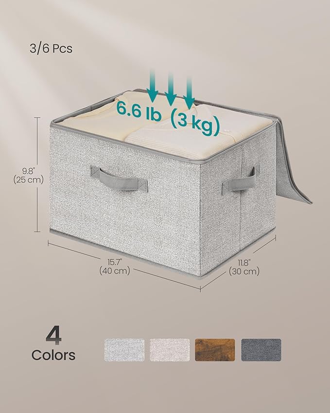 SONGMICS Foldable Storage Organizer Boxes, Set of 3 Storage Basket Bins with Lids, Handles, Clothes Organizer, 15.7 x 11.8 x 9.8 Inches, Non-Woven Fabric, Dove Gray URZB003W01