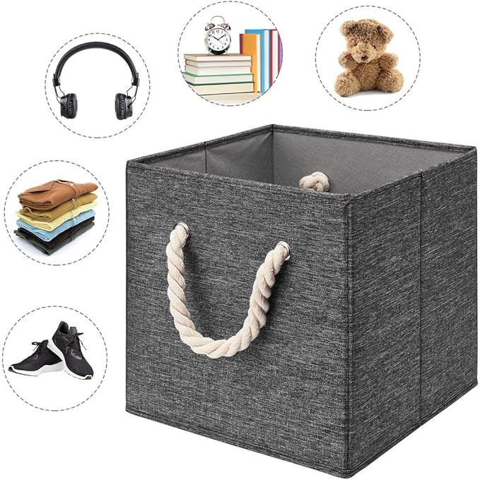 i BKGOO Foldable Storage Cube Bins Black Linen Fabric Collapsible Resistant Basket Box Organizer with Cotton Rope Handle for Home Office and Nursery 10.5x10.5x11 inch