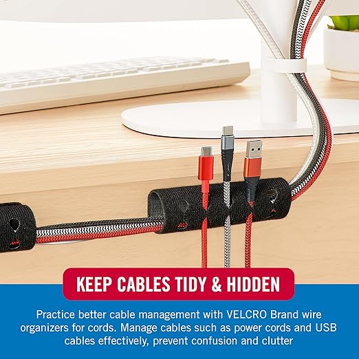 VELCRO Brand Cord Organizer for Desk & Nightstand, Valentine’s Gift for Him, 5 Cable Slots with Sleeve Routing, Adhesive Wire Holder for Cord Management, Home, Office & Gaming, Black 2 Pack